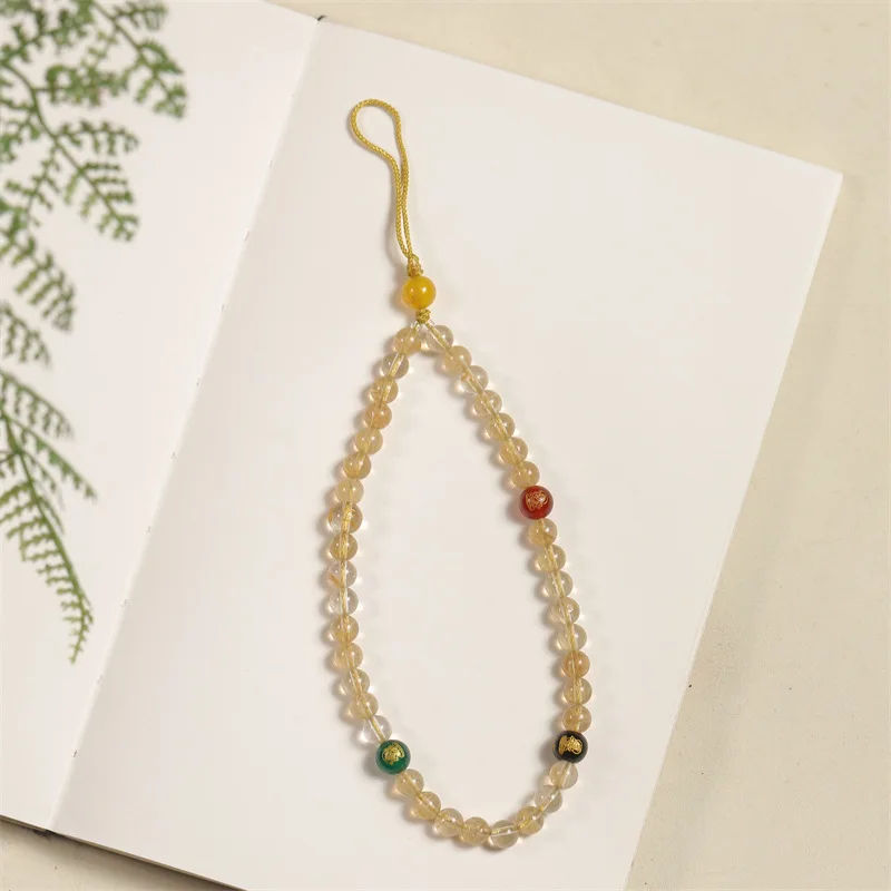 

Натуральный желтый кристаллический камень, цепочка для телефона, подвеска в виде богатства, бусины ручной работы, агатовый ремешок для ключей от телефона, удача