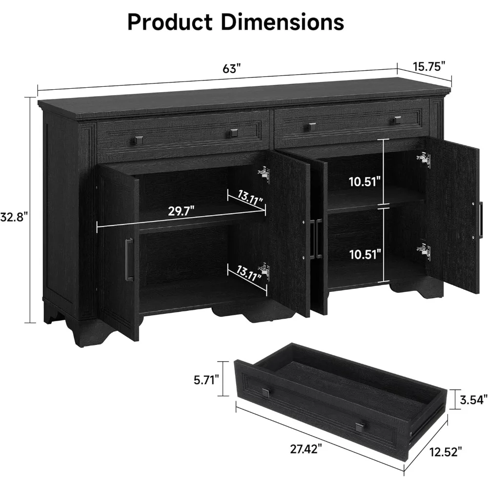 Credenza da buffet da 63", mobiletto portaoggetti da cucina, grande credenza con cassetti e ante, consolle da bar in legno per vino