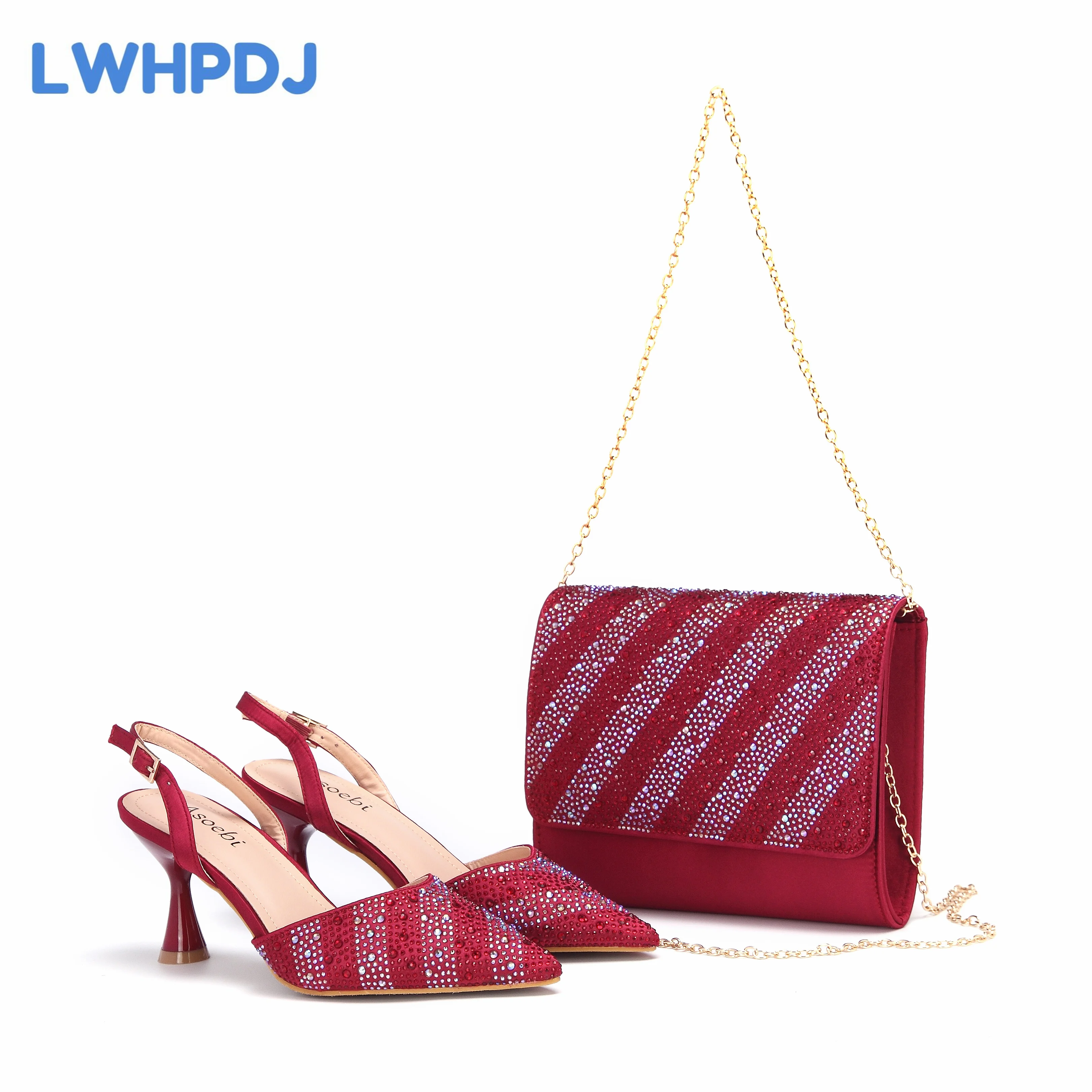 2024 Wine Color Pointed Toe Full Of Water Drill Design Ladies Shoes Matching Bag Set For Wedding Party