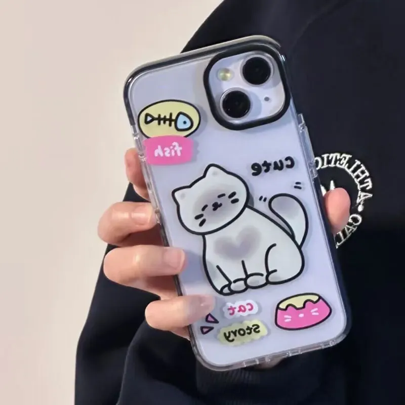 Dried Fish Little Cat Pattern Phone Case For iPhone 15 11 13 14 12 Pro Max XR X 7 8 Plus Protective Cover Transparent Shockproof