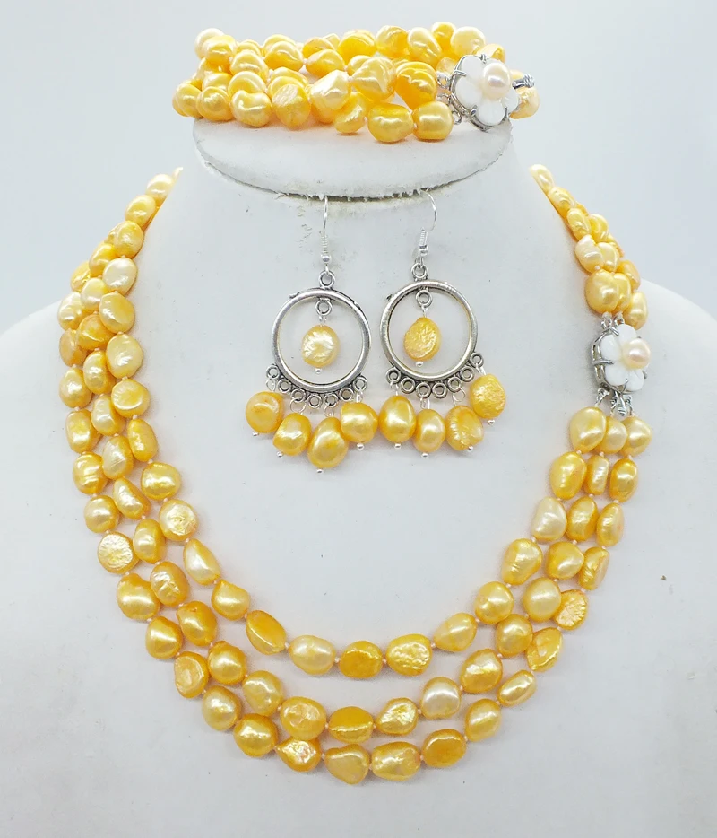 

Natural baroque pearls. 8MM 3-row glamour women party necklace, bracelet/earring set