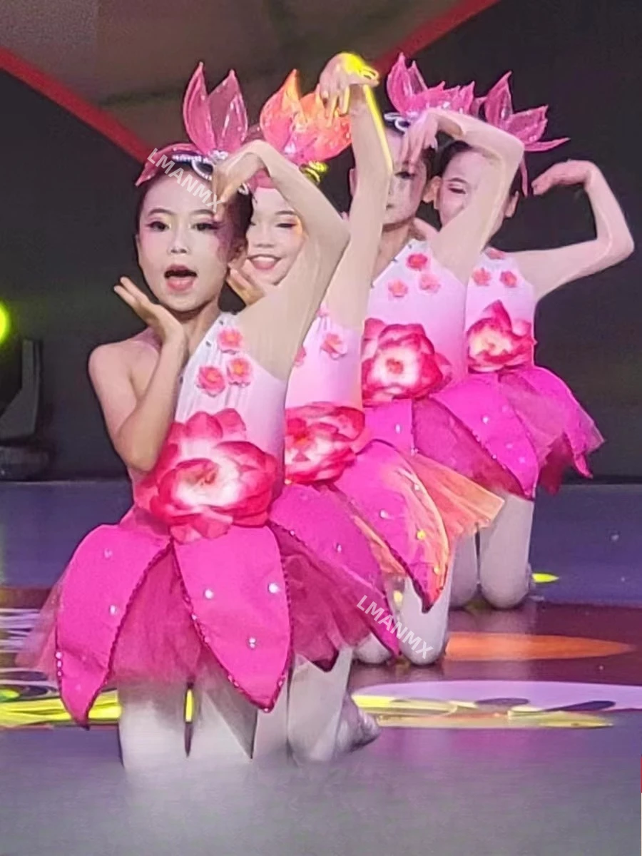 

Lotus leaf peach blossom blossoming dance costume, children's fluffy skirt performance costume