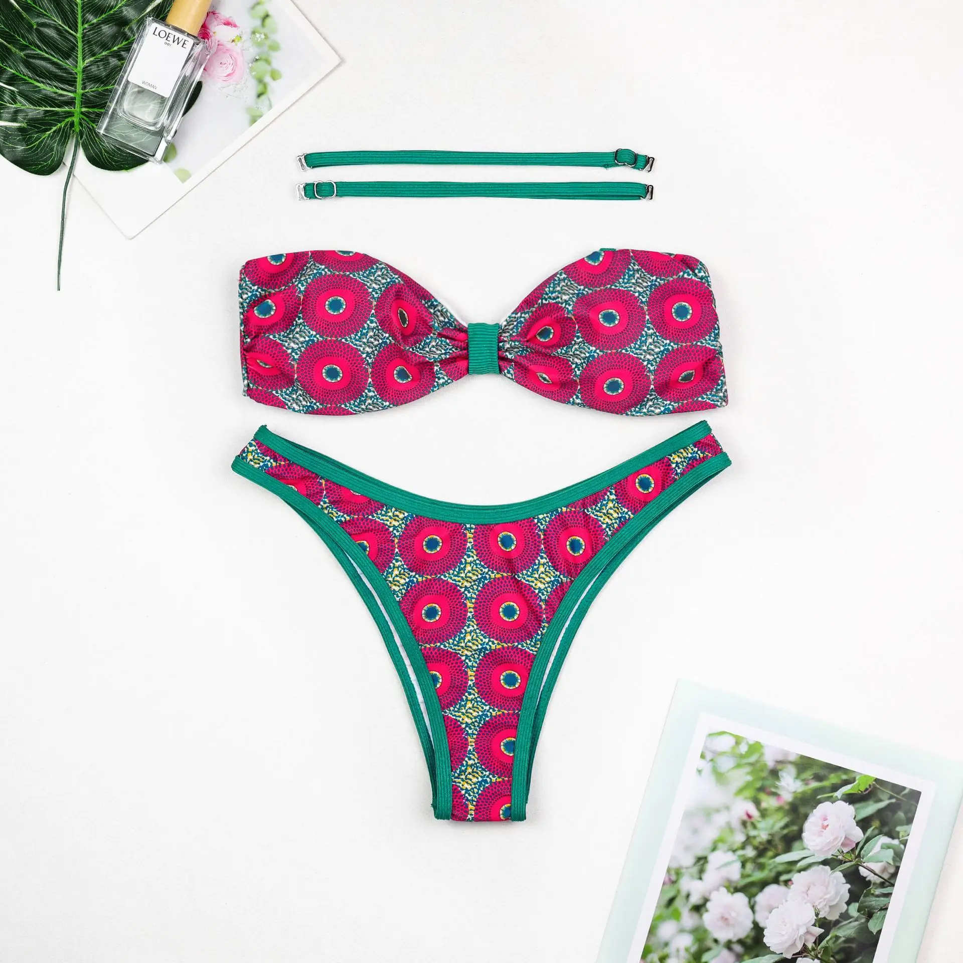 

2025 Sexy Bandeau Push-Up Bikini Set Detachable Shoulder Strap Printed Swimsuit Summer Beach Wear Bathing Suit Female Swimwear