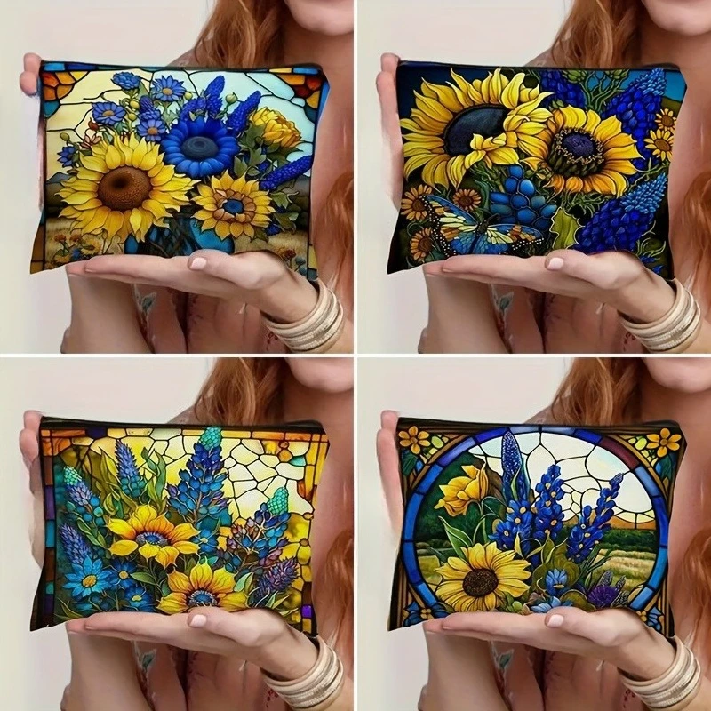 1pc Women'S Makeup Bag with Sunflower Designs, Ideal for Travel, Featuring a Convenient Zipper