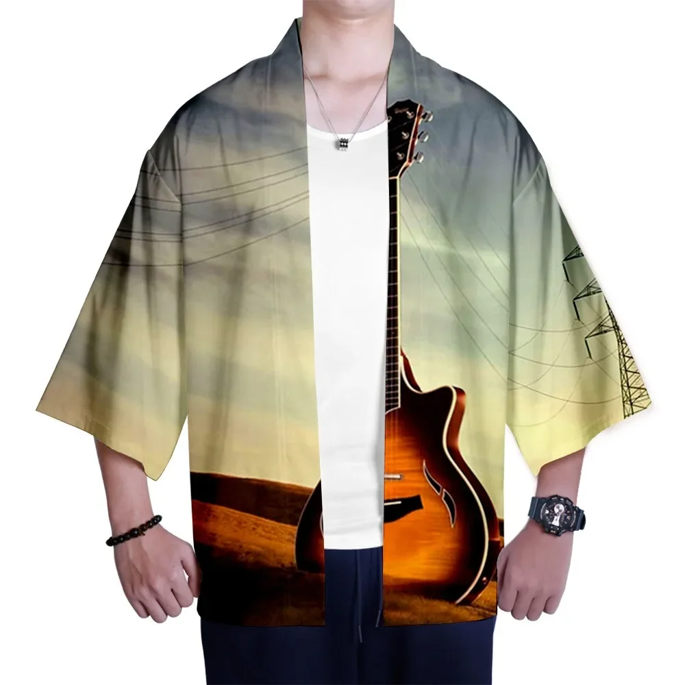 

Summer Samurai Kimono Cosplay Music Guitar Print Haori Streetwear Kimono Men Japanese Fashion New Yukata Cardigan Robe Hot Sale