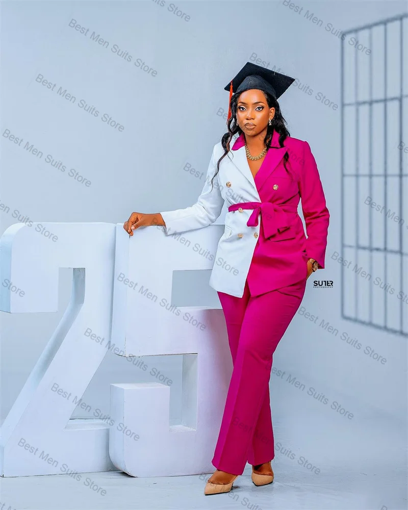 

White Pink Women Suit Pants Set 2 Pcs Blazer+Trousers Graduation Formal Office Jacket Customized Wedding Tuxedos Belted Coat
