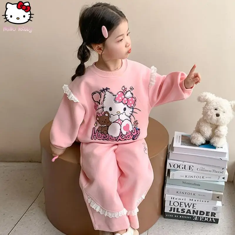 

Hello Kitty Girl Kawaii Lace Long Sleeved T Shirt Suit Anime Spring Autumn New Sanrio Cartoon Sweatshirt Straight Pant Tops 2Pcs