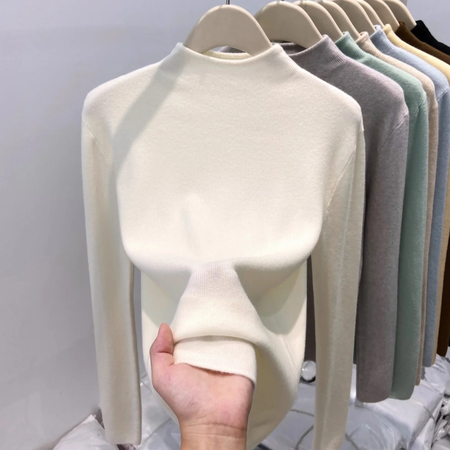가을 겨울 여성용 부드러운 니트 이너 스웨터 긴팔 목폴라 풀오버 탑