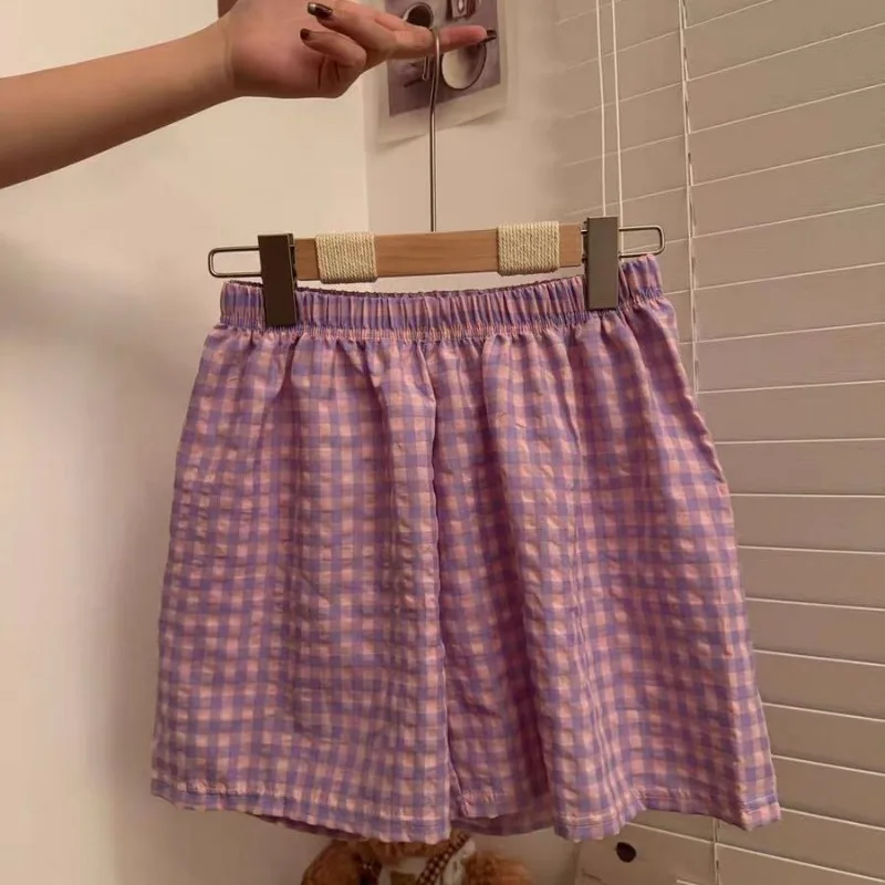 Mulheres Xadrez Confortável Pijama Shorts, Cintura Elástica, Japonês Simples Perna Larga Roupas Casa, Dormir Solto, Multicolor