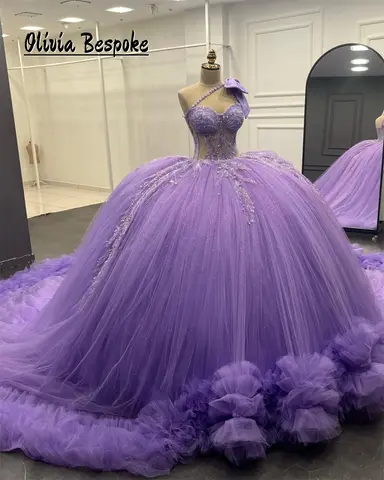 Drömlik Lila Enaxlad Quinceanera-klänning Pärlapplikation Rynkad Släp Mexikansk Bröllopsbalklänning 15 år gammal Anpassad 10 best sales lila balklänning - №10