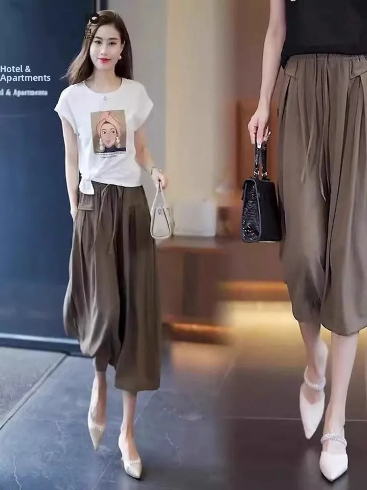 الحرير الجليد بنطال ذو قصة أرجل واسعة المرأة الصيف تنورة رقيقة السراويل جديد Sle 2025 فضفاض عالية الخصر التخسيس سبعة أرباع بناطيل كاجوال #1
