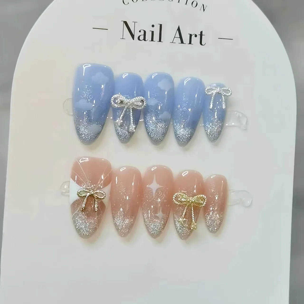 Summer Sweet and Cute Encrusted Diamonds Bow Handmade Press On Nail Blue Pink Almond False Nail Patches