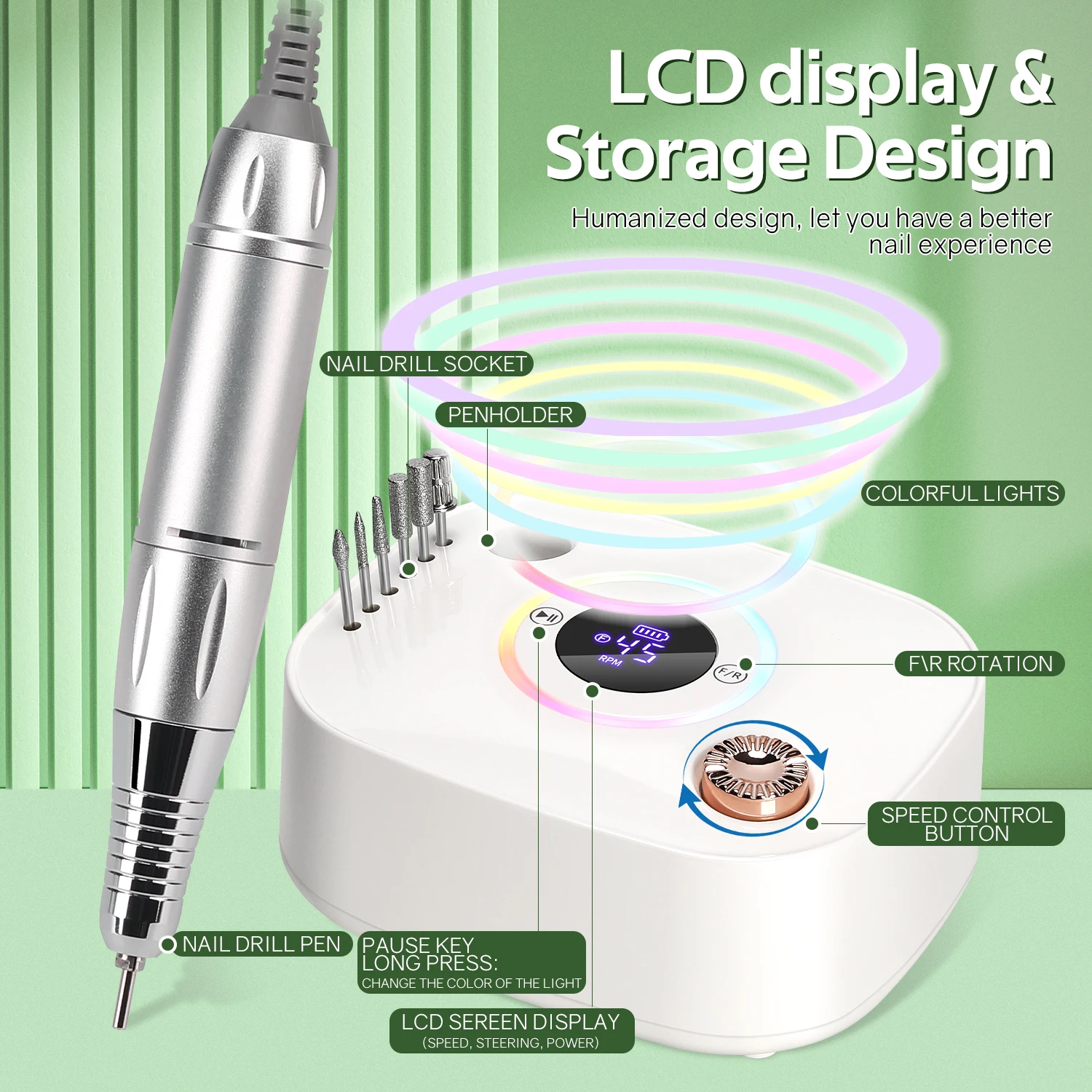45000RPM เล็บ Sander ชุดสําหรับเล็บพร้อมจอแสดงผล LED Low Noise เล็บไฟฟ้าเจาะเล็บอุปกรณ์เสริมและเครื่องมือ