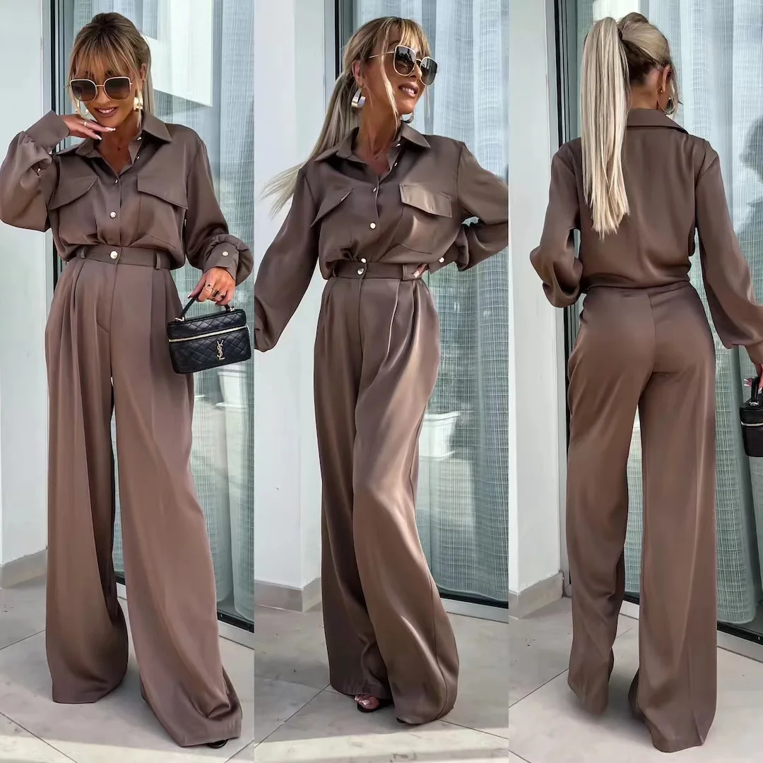 

2024 Autumn Commuter Elegant 2 Pcs Suit Women Spring Single Breasted Lapel Shirt Wide Leg Pants Outfit Smooth Satin Ladies Sets