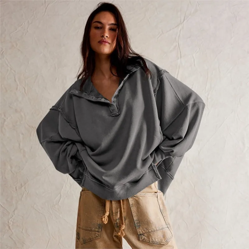 Frau Herbst Einfarbig Sweatshirt Mode Flip Kragen Lange Ärmel Der Saum Ist Unregelmäßige Hoodie Damen Elegante Taste Tops