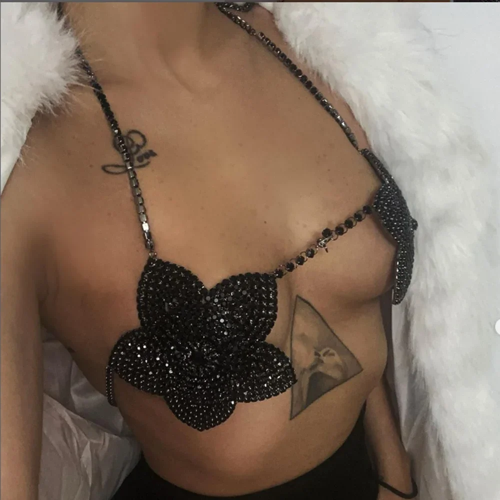 Stonefans Black Crystal Flower Bra Rhinestones Chain Jewelry Tops for Women Sexy Lingerie Luxury Outfit Rave Harness Accessories