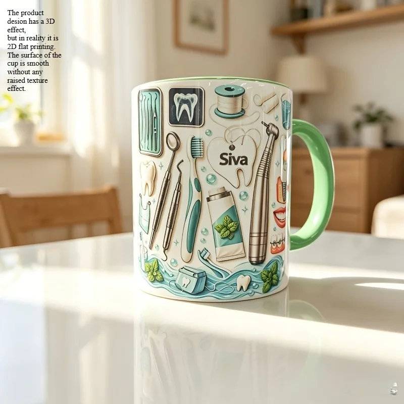 Persoonlijkheidstentoonstellende keramische mok met tandheelkundig instrumentenpatroon, meerkleurige binnenkant, koffie- of theekop, klassiek souvenircadeau voor tandartsen.