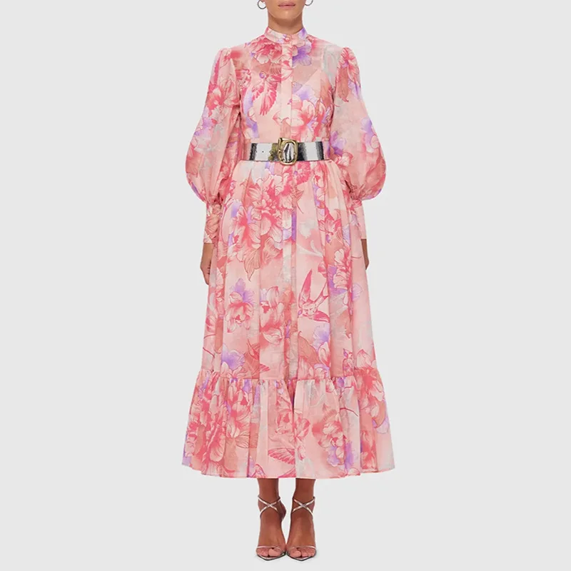 

Doris Fanny Elegant Vintage Dresses For Women Stand Color Lantern Sleeve High Waist Printing A Line Dress Female 2024