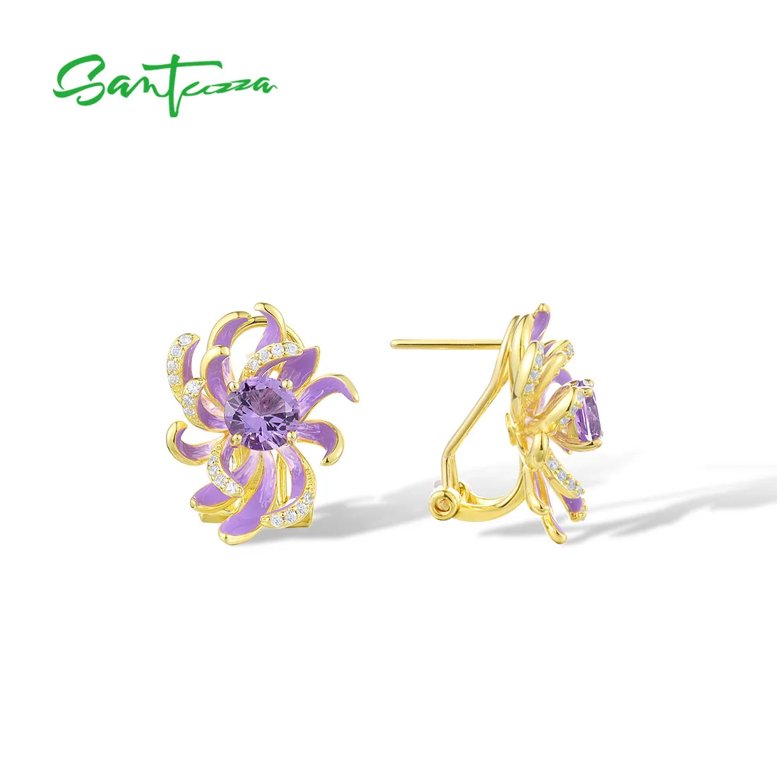 SANTUZZA Pure 925 Sterling Silver Lever Back Earrings For Women Sparkling Created Purple Spinel Enamel Flower Chic Fine Jewelry