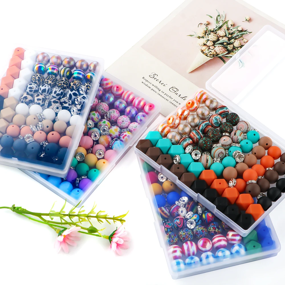 Kovict 100Pcs/Box Printed Silicone Beads Round Hexagon Loose Bead For Jewelry Making DIY Necklace Bracelet Keychain Accessories