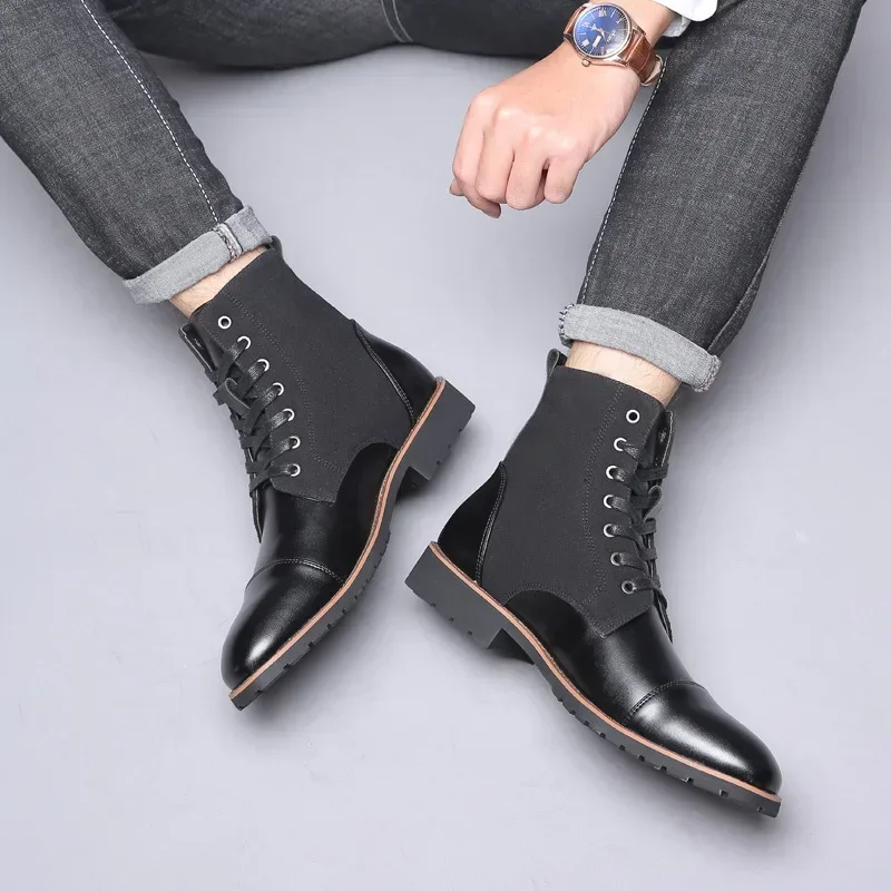 Botas informales de cuero para hombre, botines de encaje, Color sólido, talla grande, nuevo diseñador, moda, Otoño e Invierno