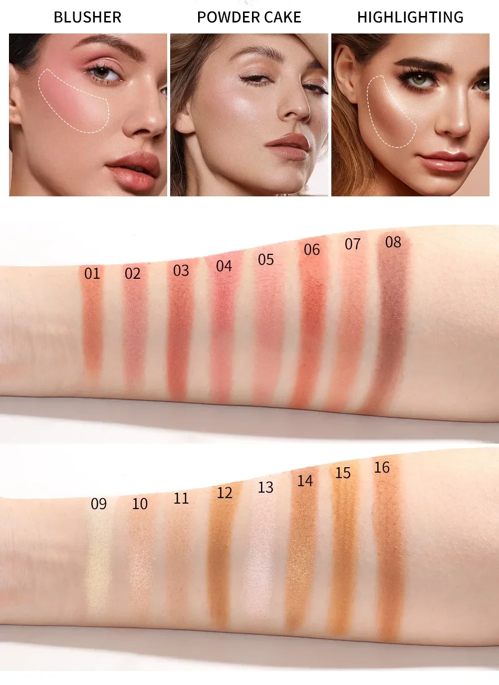 MISS ROSE-Palette d'ombres à barrage 3 en 1, 16 documents, fard à joues multifonction, surbrillance, contour, maquillage, longue tenue, visage, haute qualité