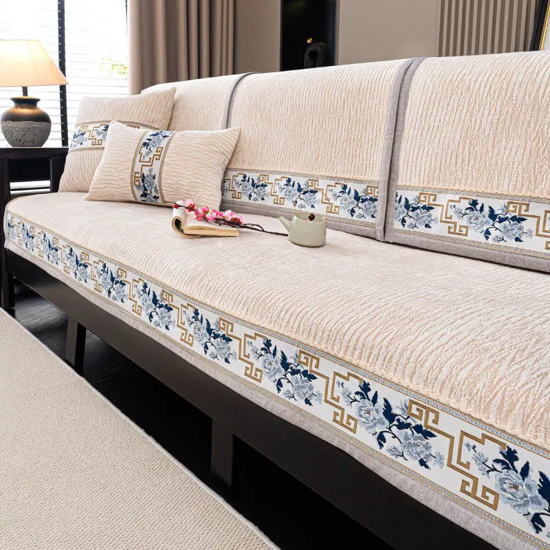 Oriental New Chinese Style Sofa Cushion Cover Chenille Jacquard 4 Season Universal Solid Wood Home Decor Non-Slip Sofa Slipcover