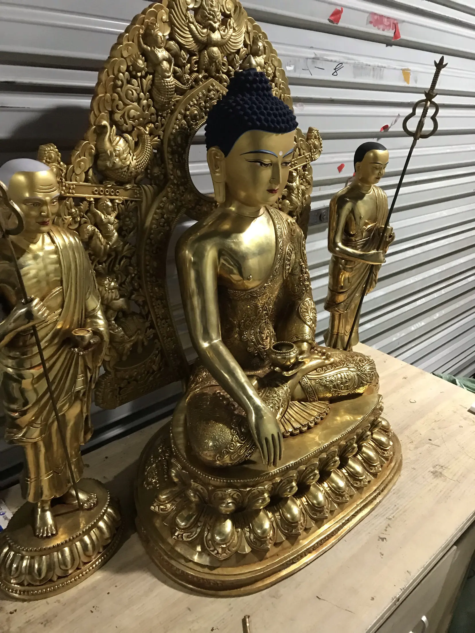 2 feet Xizang craft Tibetan Tantra pure copper gilt Sakyamuni disciple set of Buddha statue ornaments