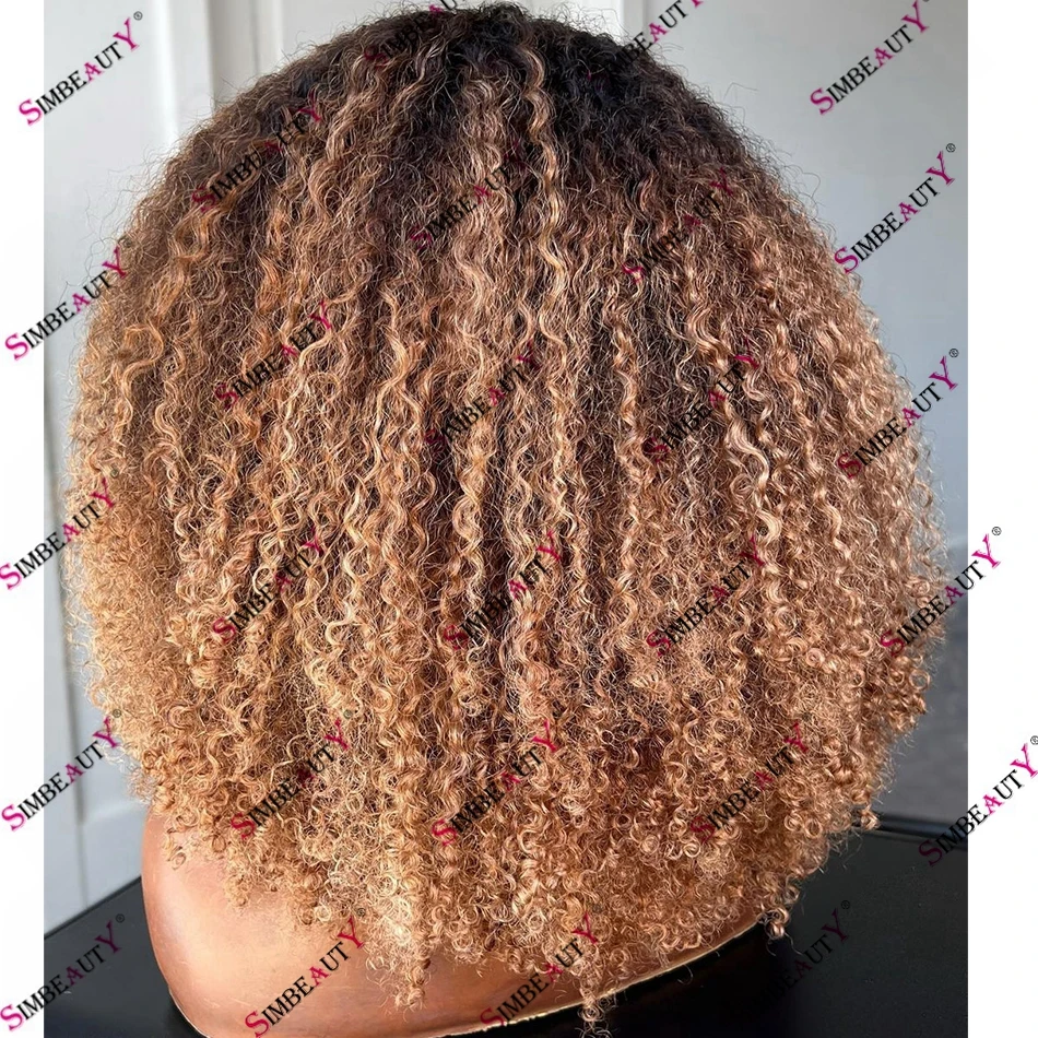 100% Remy Indian Human Hair Ombre Honey Blonde Kinky Curly 360 Lace Frontal Wig for Africa-American Women with Bangs 250 Density