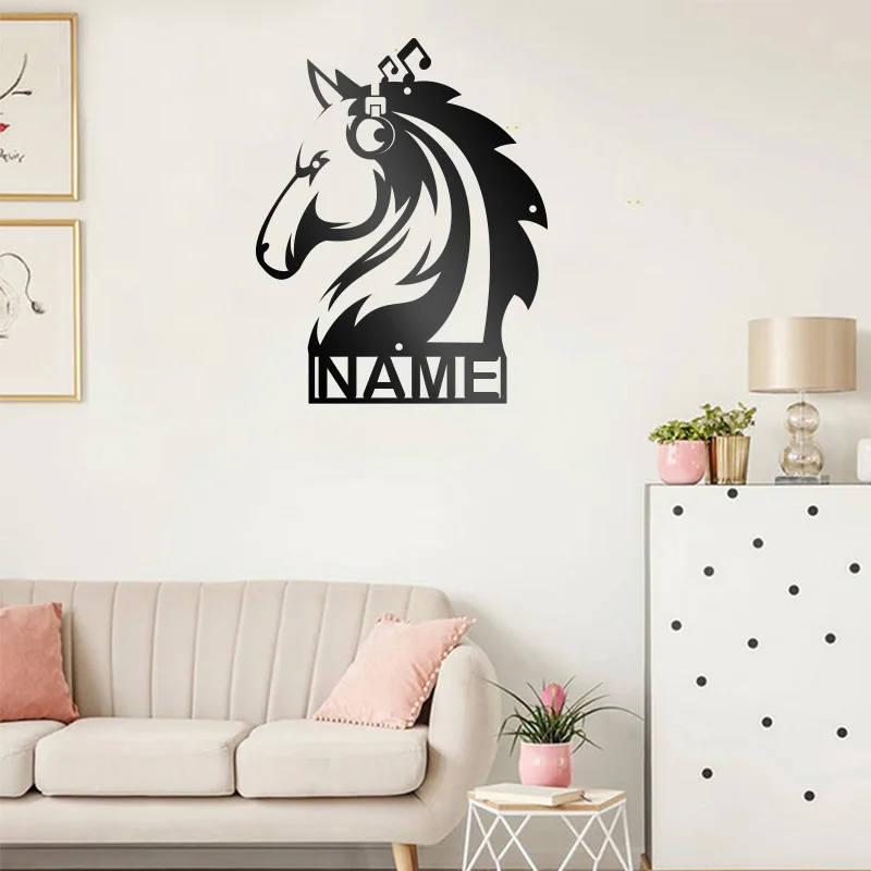 1PC Creative Horse with headphones Custom Name Metal artwork Tin Plaque Metal Plate Signs For Club Decor For Living Room Decor