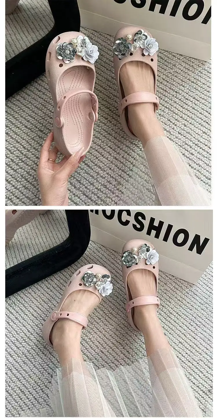 2026 Neue Sommer-Pantoffeln für Damen, Luxuriöse Perlen-Metall-Blumen-Designer-Ballettschuhe, Damensandalen für drinnen und draußen – Detail 16