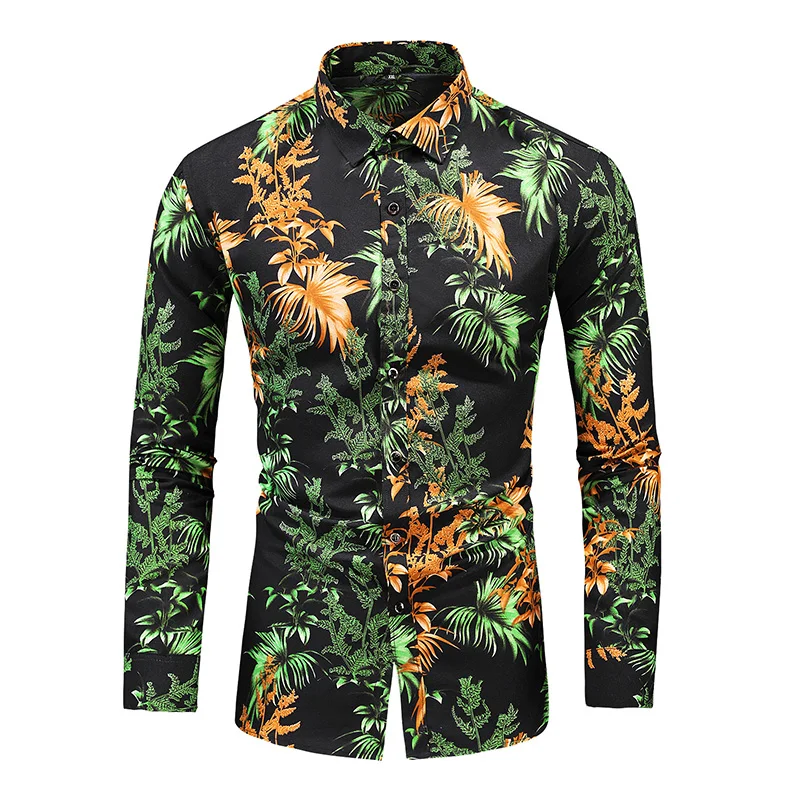 Camisa de manga longa masculina, plus size, moda vintage, estampa floral folha, Harajuku férias, Y2K Vestuário, personalizado, casual, novo