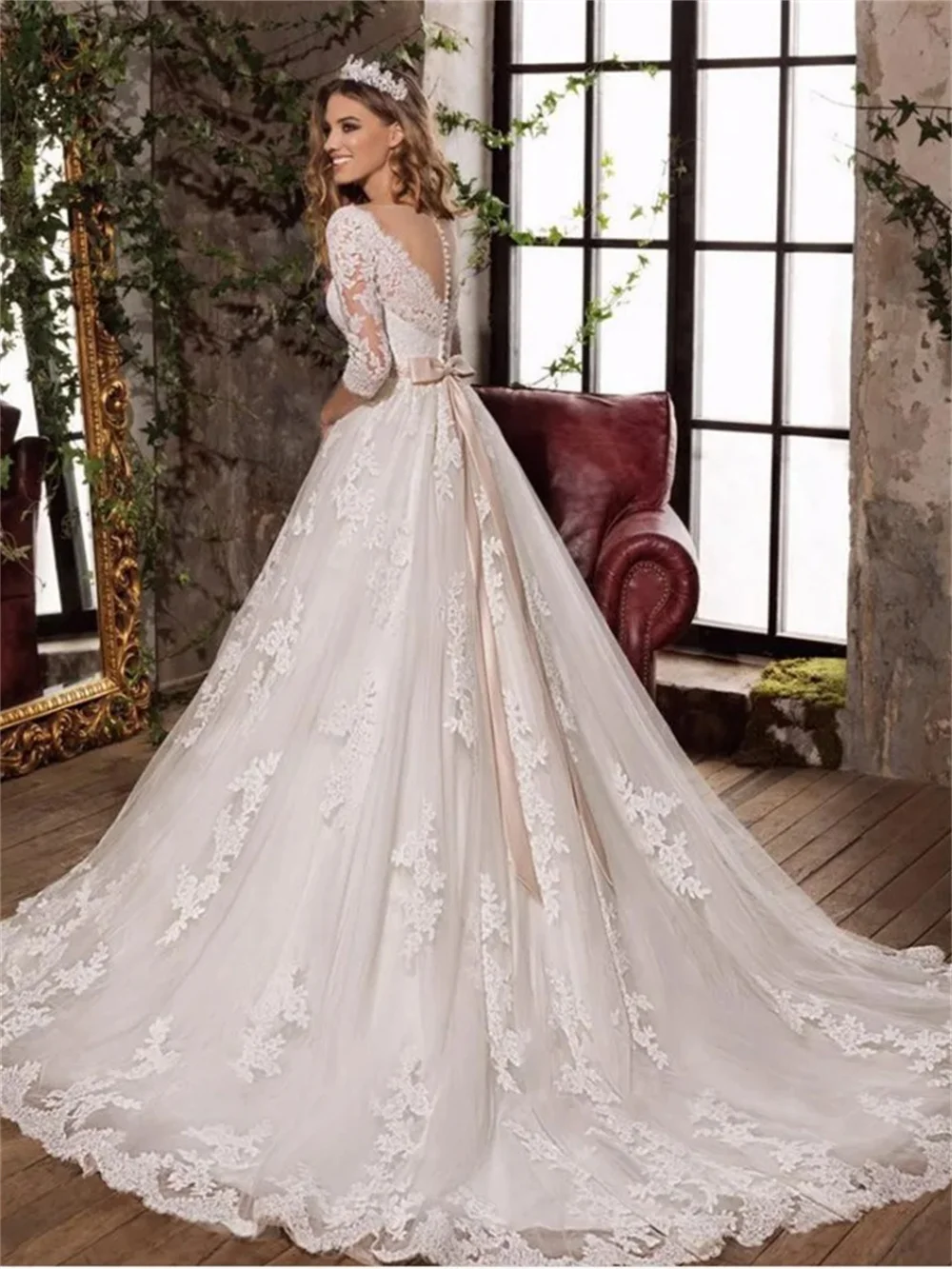 Elegant แขนยาวชุดเจ้าสาว 2024 Elegant Appliquéd ชุดแต่งงานโรแมนติก A-Line ยาวชุด Vestidos De Novia