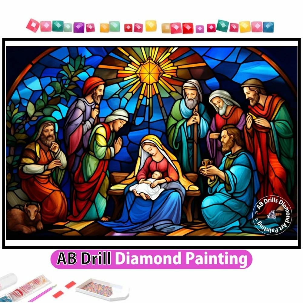 Stained Glass Nativity Scene 5D DIY AB Diamond Painting Mosaic Art Cross Stitch Embroidery Rhinestones Home Decor Gift