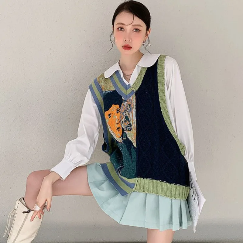 Vintage Strickweste Frauen lose ärmellose V-Ausschnitt Wasitcoat weibliche Harajuku Patchwork Pullover Weste Dame y2k übergroße Tanktops