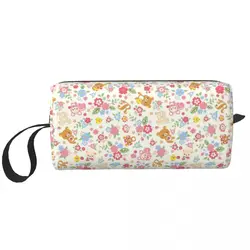 Cute Rilakkuma Flower Pattern Makeup Bag Cosmetic Organizer Dopp Kit Toiletry Cosmetic Bag for Women Beauty Travel Pencil Case