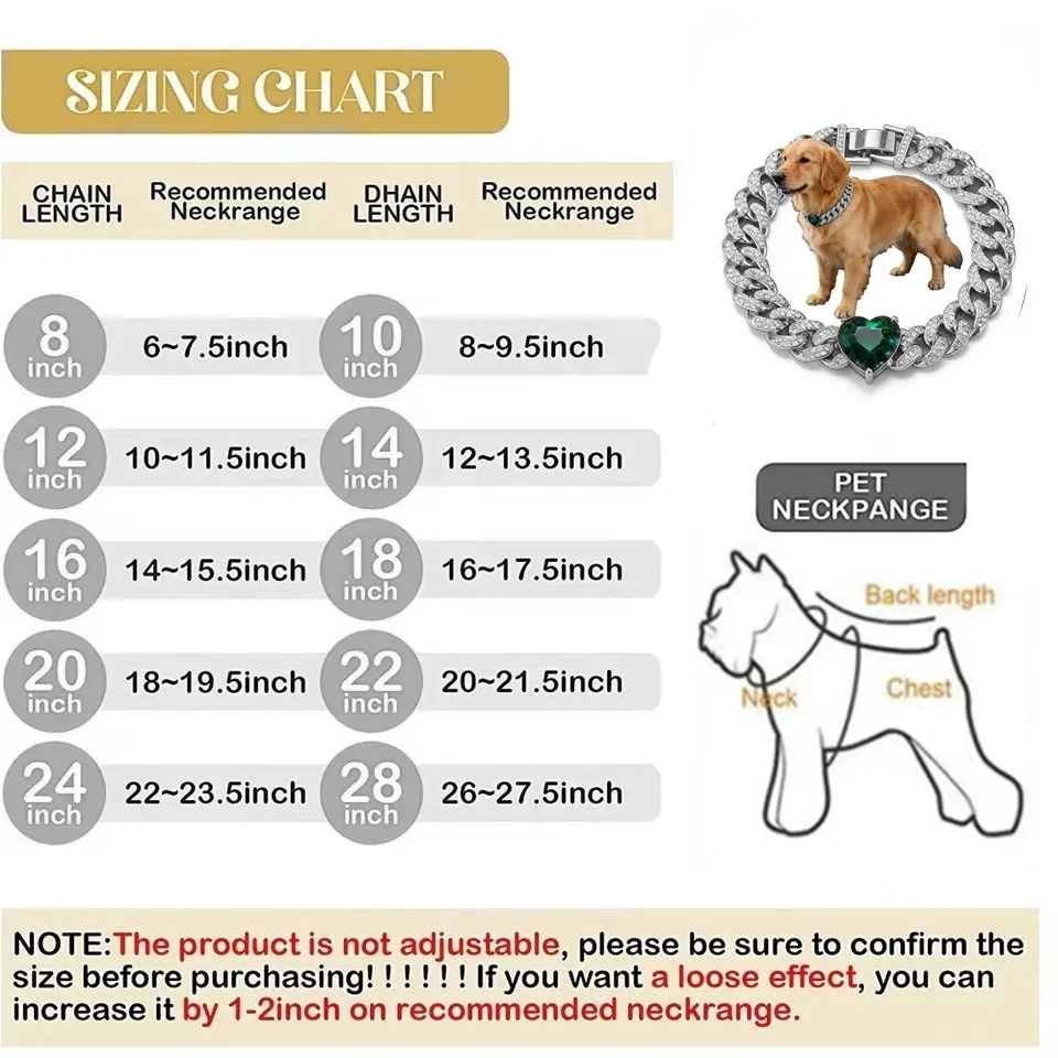13mm Dog Cat Chain Big Green Heart Diamond Miami Cuban Link Walking Metal Collar Jewelry Accessories for Medium Big Pets