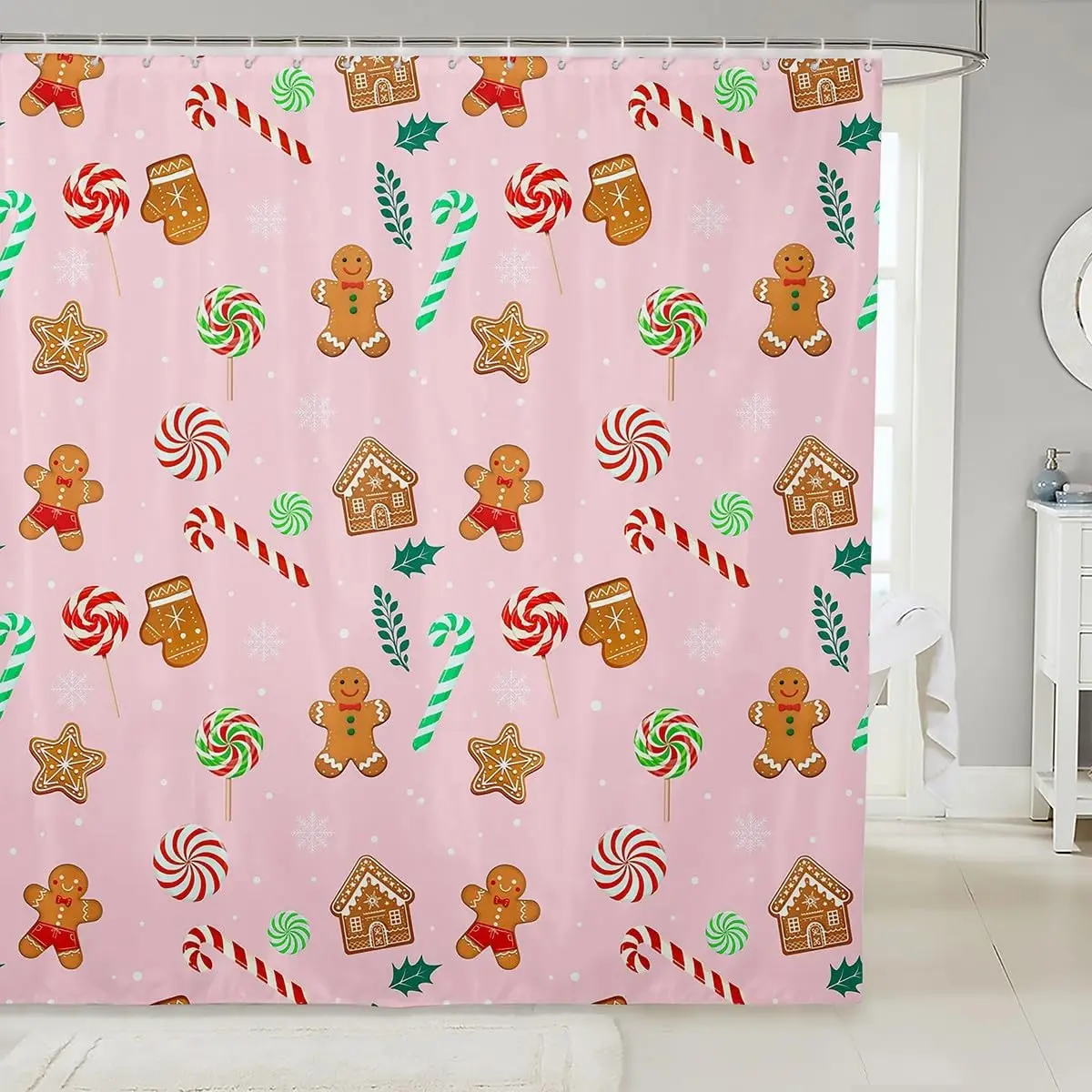 

Веселая розовая рождественская занавеска для душа, занавеска для ванной комнаты с мультяшным пряничным человечком, занавеска для душа из конфетной ткани со снежинками, новинка