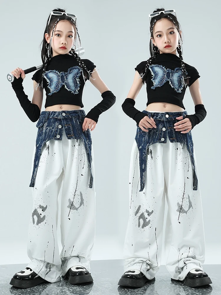 Kpop Jazz Dance Costume Girls Denim Butterfly Tops White Pants Suit Fashion Kids Catwalk Hip Hop Performance Clothing BL12624