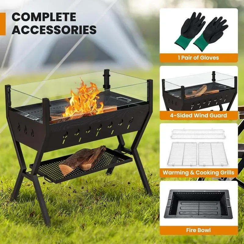 Giantex Charcoal Grill with Transparent Glass Wind Guard, Heavy Duty BBQ Grill Campfire Pit, Fire Bowl, Side Spice Racks