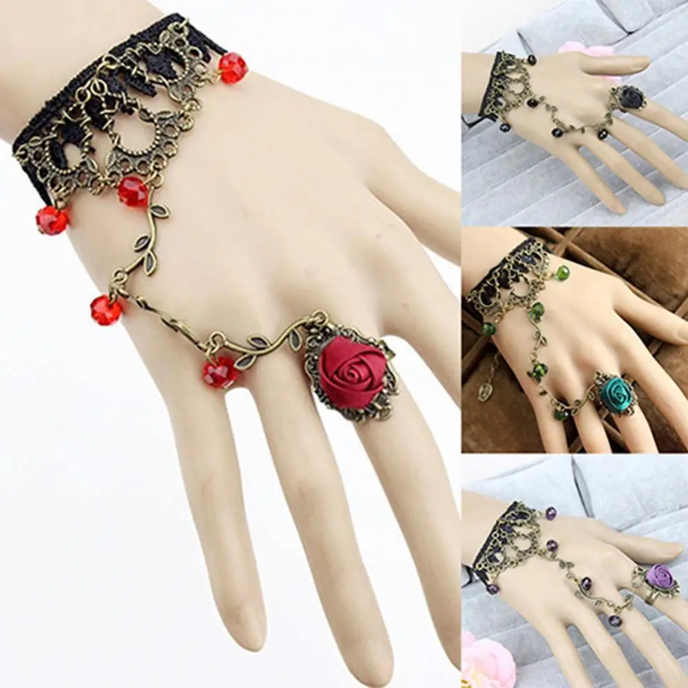 Retro Chain Bracelet Gothic Women Lace Flower Hand Slave Harness Bracelet Chain Ring Jewelry Charm Bracelet For Women Gift