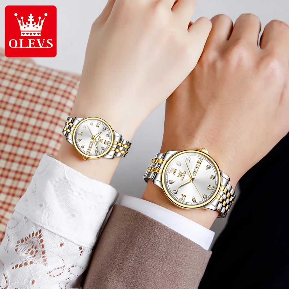 OLEVS Couple Watch His and Her Watch Set Mens Womens Quartz Watch Fashion Business Matching Watch Week Date Waterproof 5525