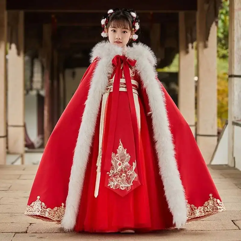 

Christmas Hooded Capes Baby Kid Long Cloaks Cosplay Winter Warm Costumes Vinatge Chinese Embroider Flower Hanfu Cape For Girls