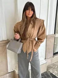 Autumn Women's Chic Pleated Shoulder Jackets With Belt Elegant Lapel Irregular Hem One Button Full Sleeve Coat 2024 Lady Outwear