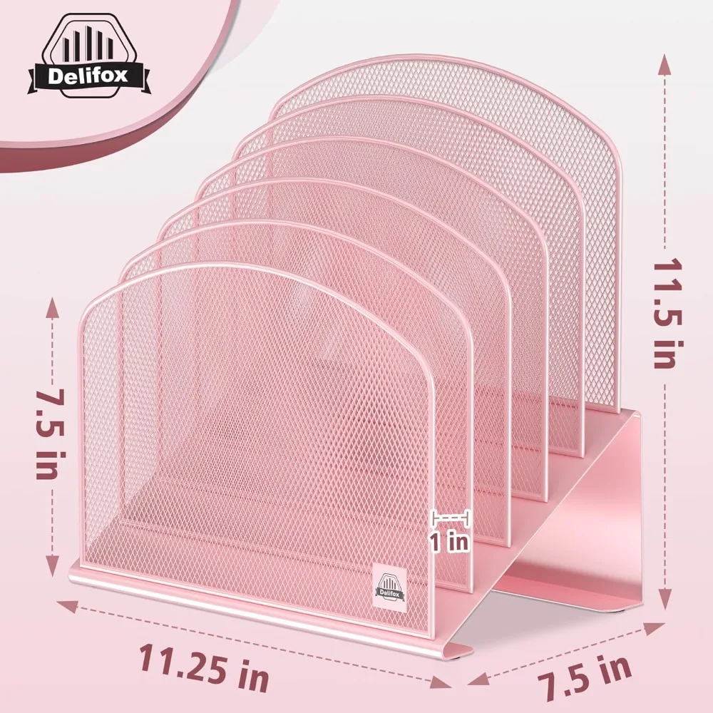 

5-секционный наклонный настольный органайзер для файлов, вертикальный металлический держатель для папок для офисной школьной организации рабочего стола (розовый, 2 шт.)