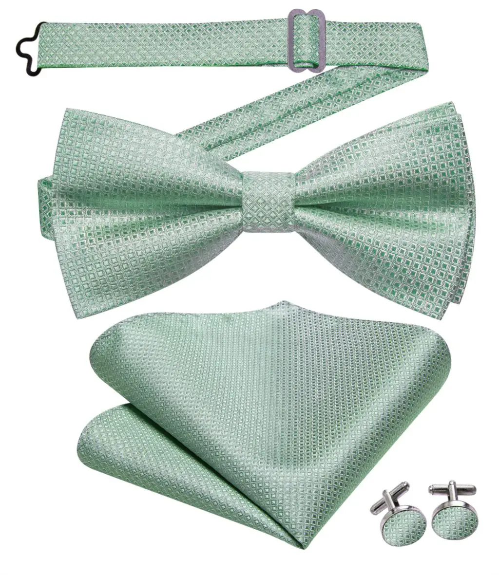 Hi-Tie Jacquard Sage Green Bowties for Men Silk Butterfly Tie Bow Tie Hanky Cufflinks Wedding Party Gift Bowtie Wholesale