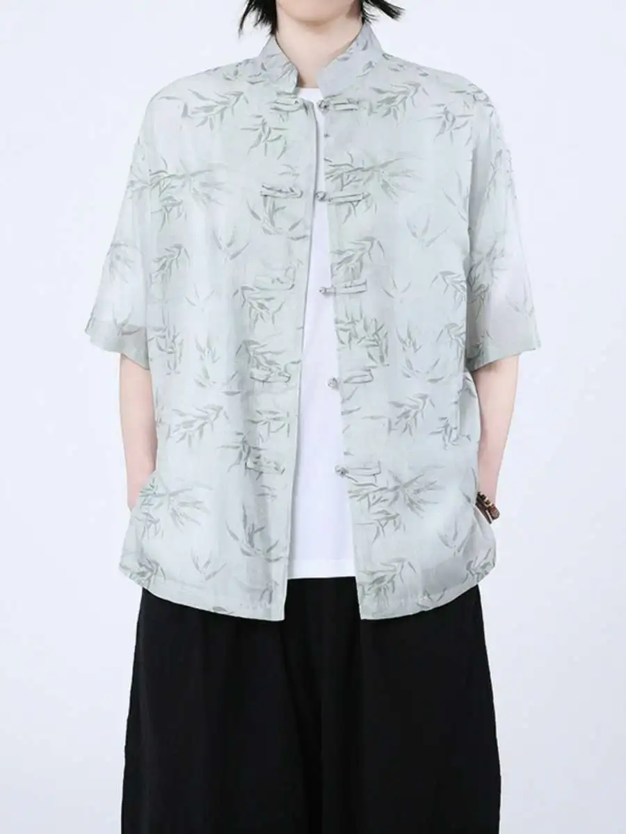New Spring Summer Men's Bamboo Leaf Print Shirt Lightweight Large Size Trendy Sun Protection Casual Loose Fit Short Sleeve