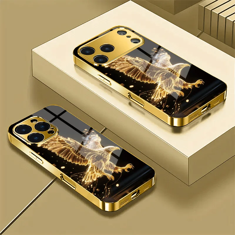 Eagle-shaped pattern black electroplated glass phone case, suitable for iPhone 17, 16, 15, 14, 13, 12, 11, etc.