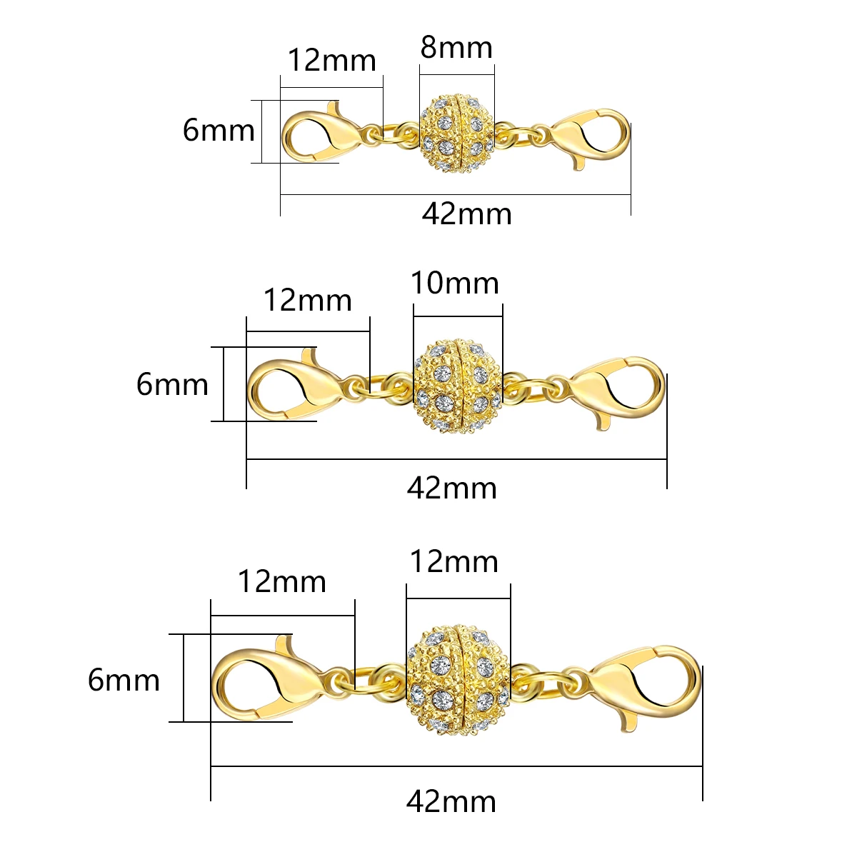 5 Sets Runde Magnetverschlüsse mit Strasskugeln und Karabinerverschluss für DIY-Armbänder, Halsketten und Ketten-Endverbinder – Detail 1