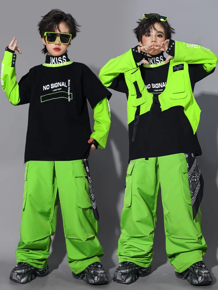 Costume de danse Hip Hop vert pour enfants, gilet et pantalon pour garçons, hauts à manches longues pour filles, vêtements de spectacle de danse de rue Kpop Y2K BL17822